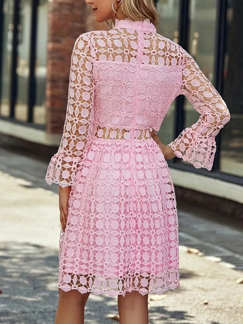 Women's Stand Collar Lace Hollow-Out Floral Pattern Dress