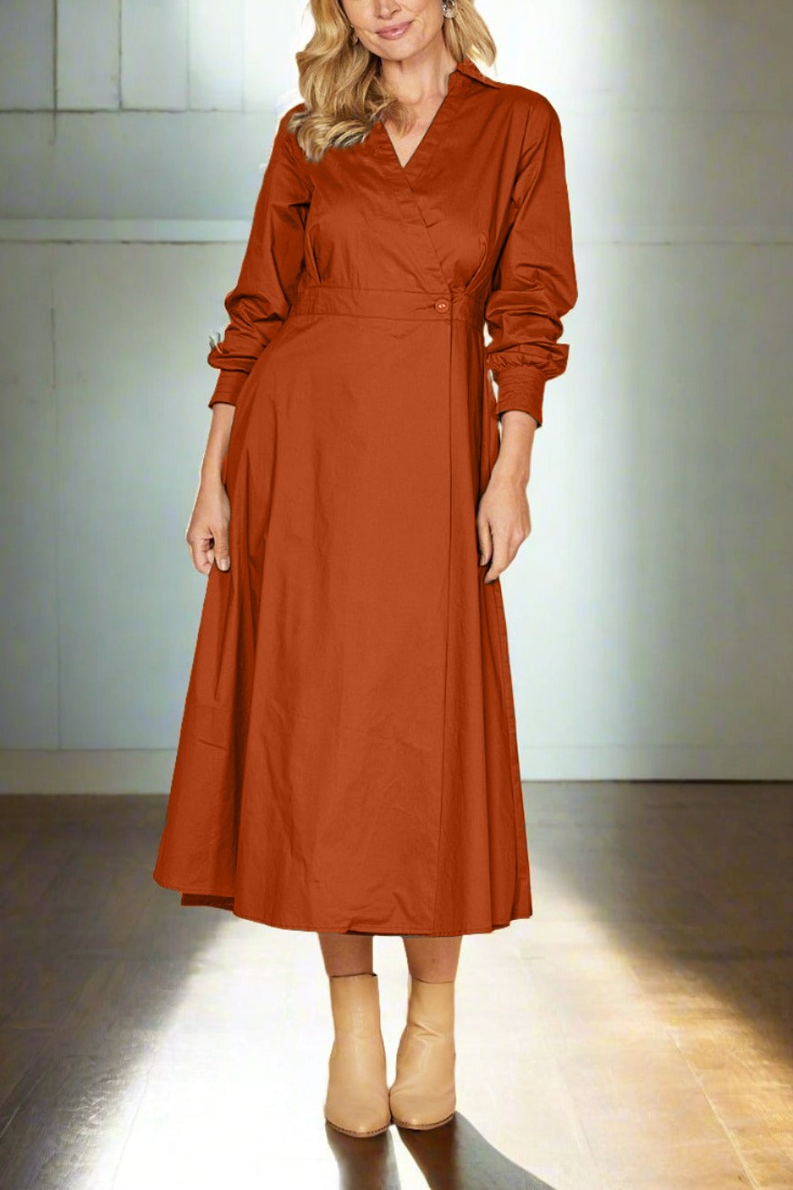 Cross V-neck Long Seeve Buckle Waist Midi Dress