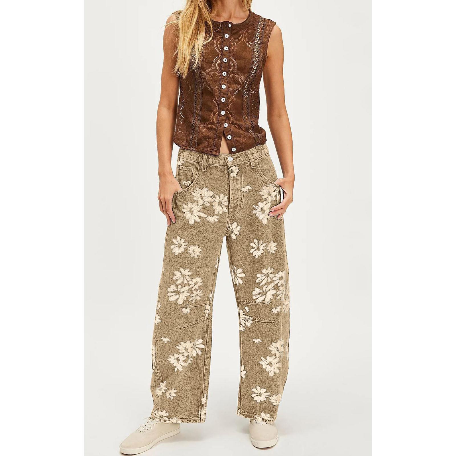 Women's Mid-rise Floral Print Cropped Loose Wide-leg Jeans
