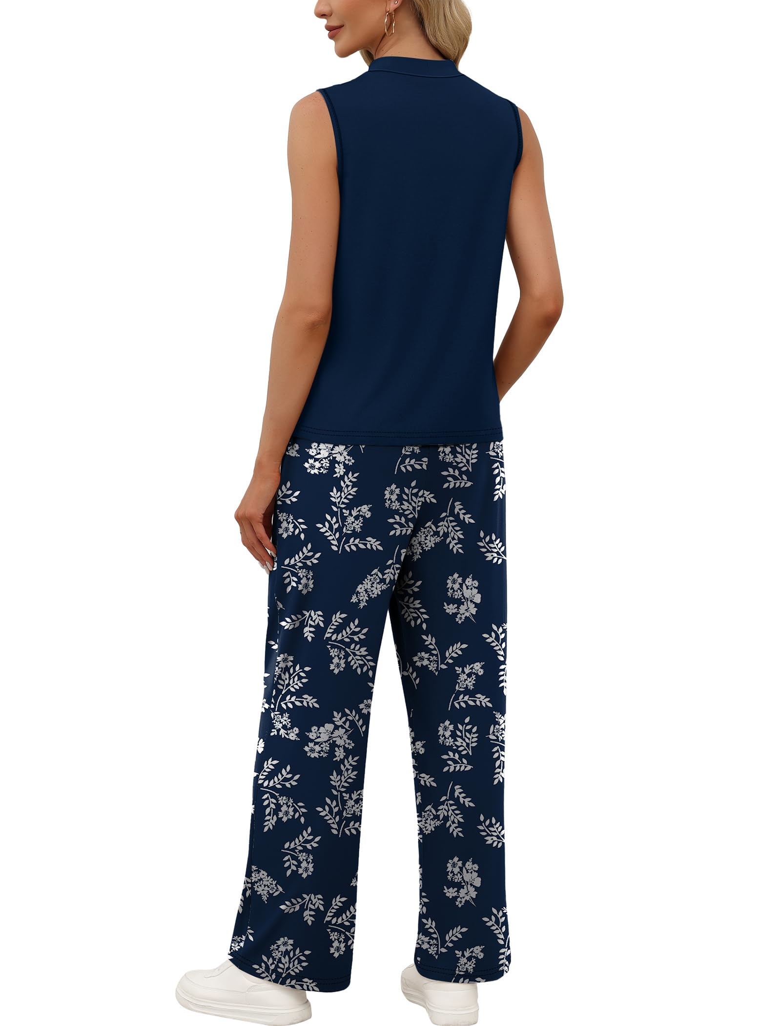 Women Summer Spring Outfits Mock Neck Wide Leg Pants Two Piece Set