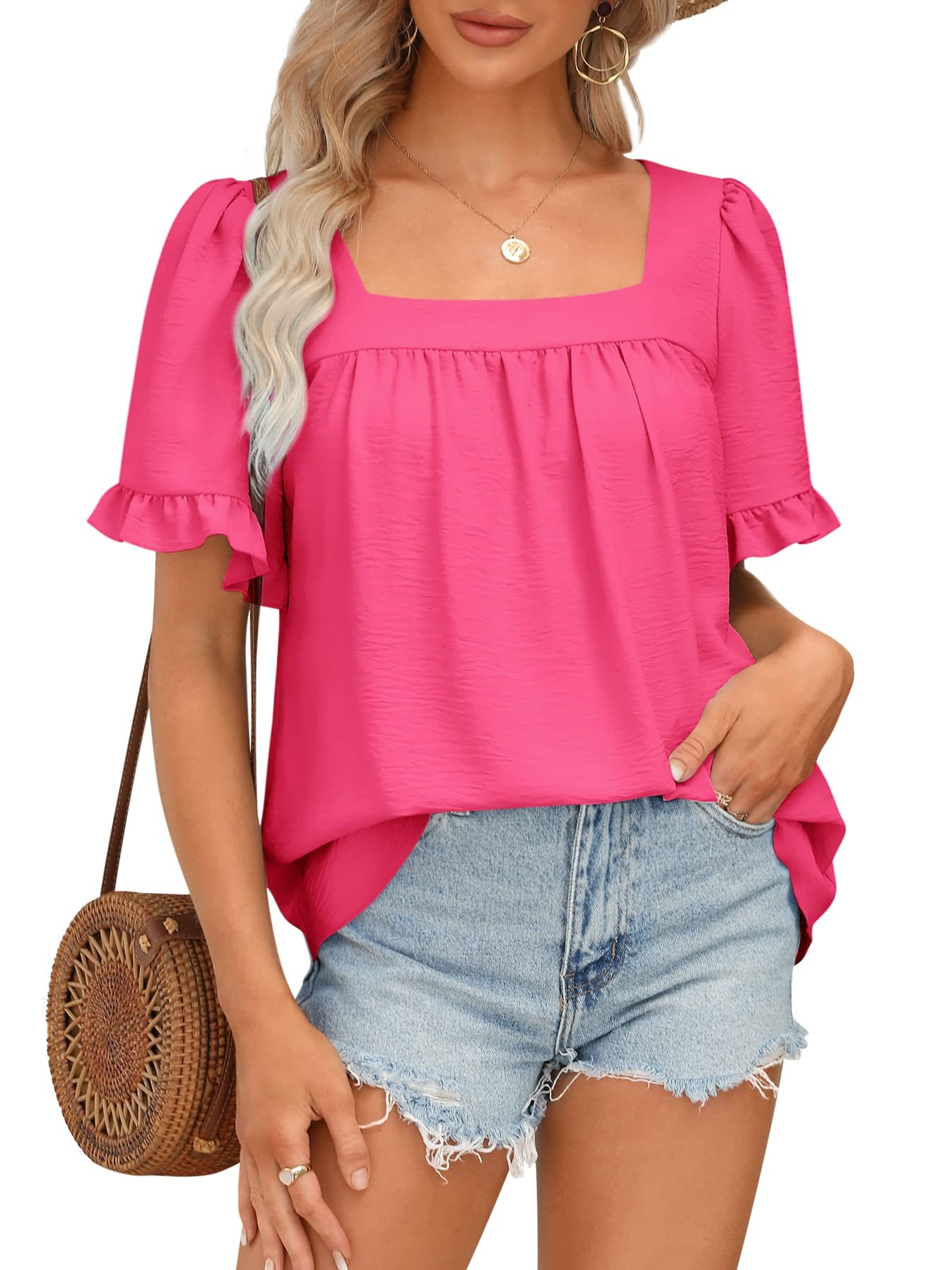 Women's Sqaure Neck Ruffle Sleeve Blouses Peplum Tops