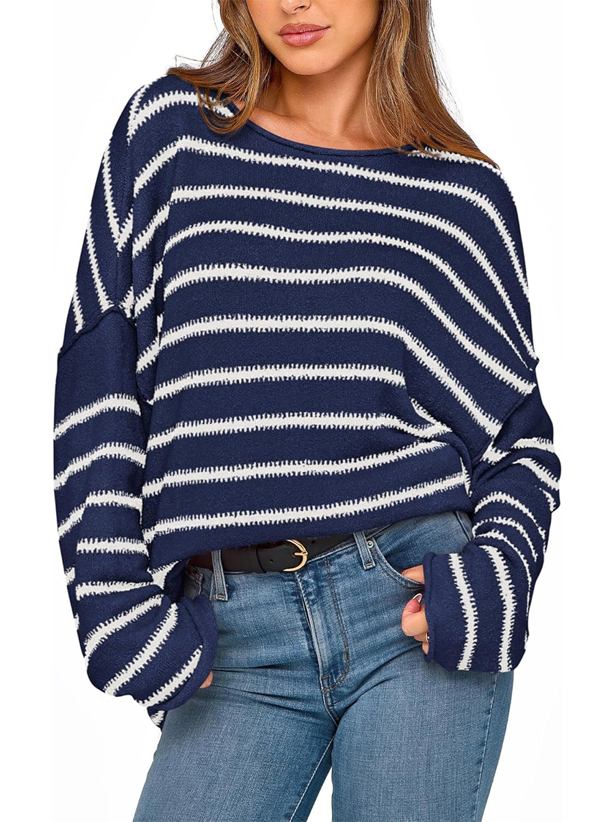 Women's Striped Boat Neck Off Shoulder Oversized Knit Sweaters