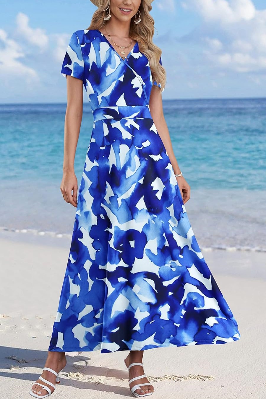 Women's V Neck Floral Print Beach Long Flowy Dress with Pockets