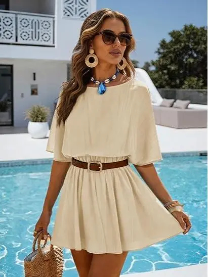 Women’s Casual Short Sleeve Elastic Waist Loose Flowy Mini Skirt Dress
