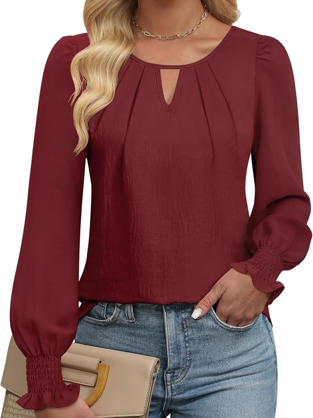 Women's Long Sleeve Dressy Casual Keyhole Hollow Pleated Shirt Tops