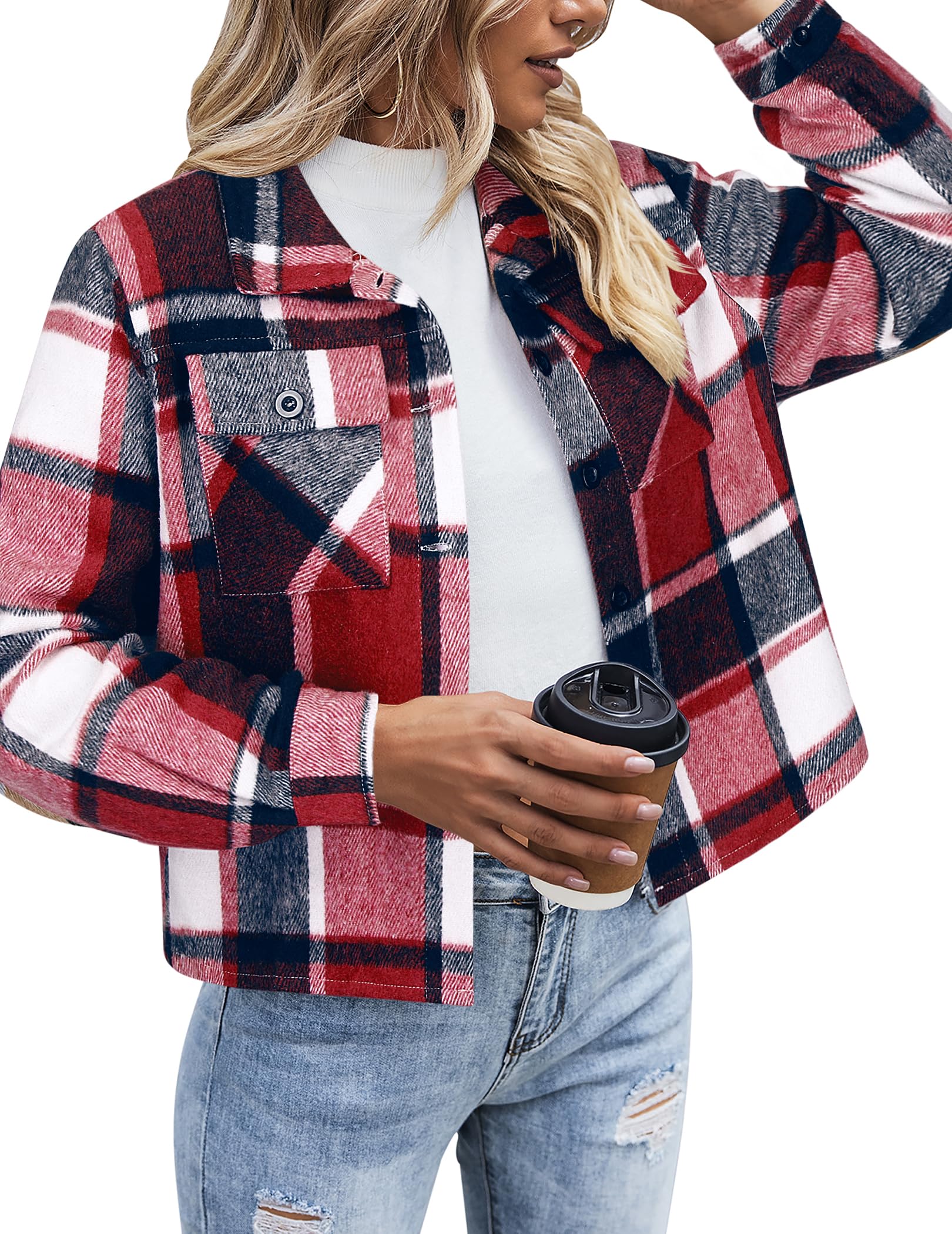 Women Flannel Plaid Button Down Cropped Jacket