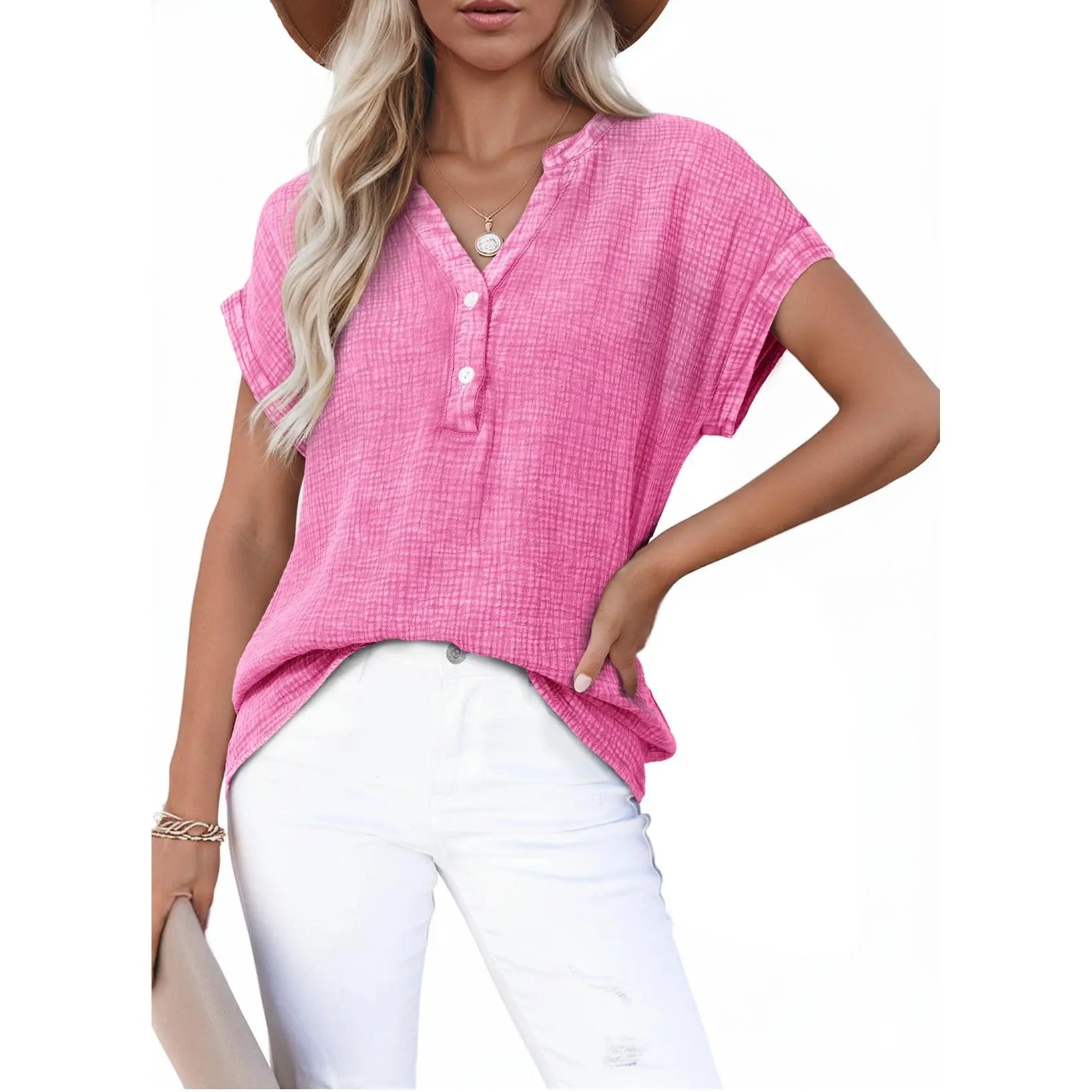 Women’s Summer Boho Tops Casual Button Short Sleeve V Neck Shirts Solid Cotton Blouses