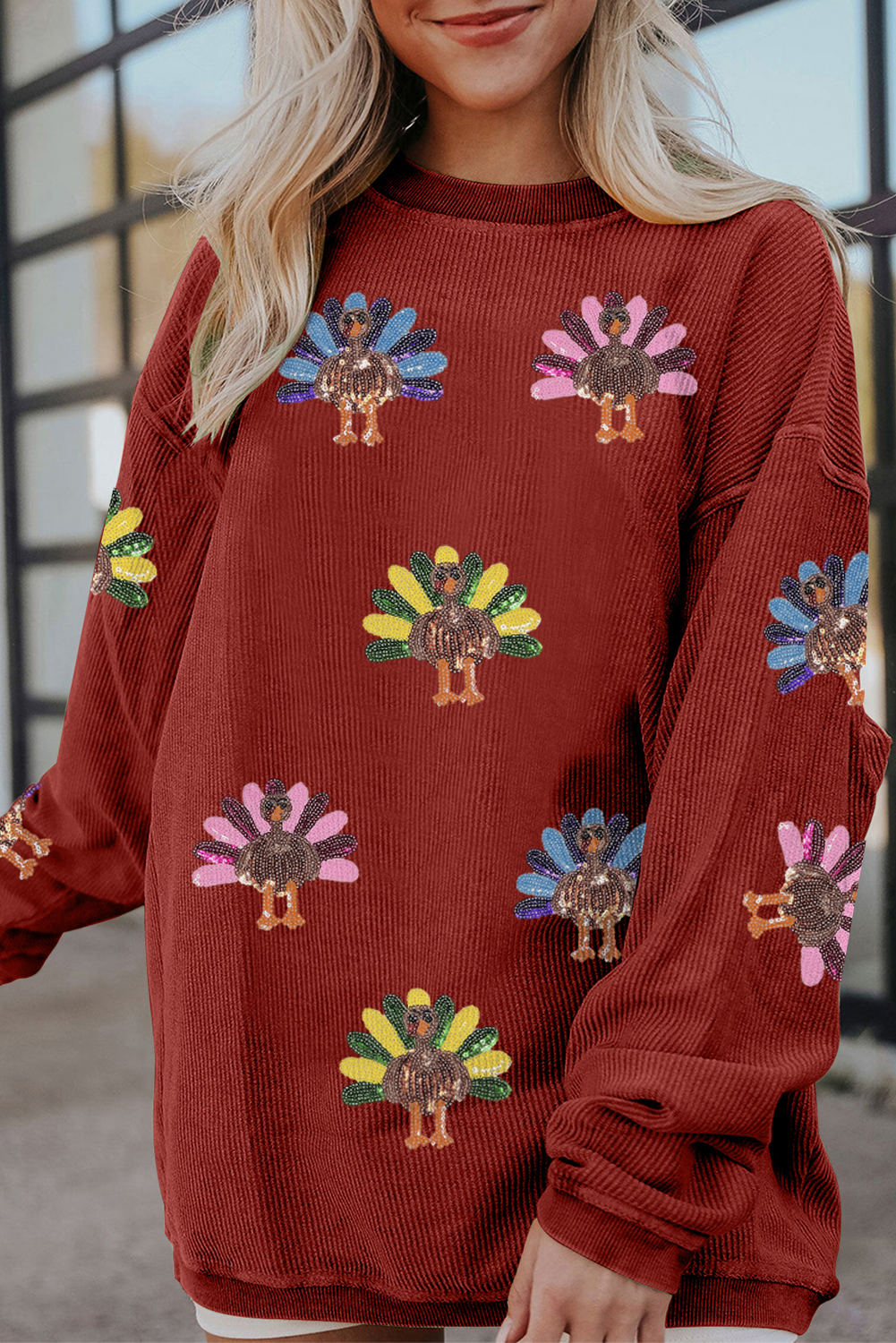 Women's Corded Ribbed Crewneck Turkey Graphic Sweatshirt