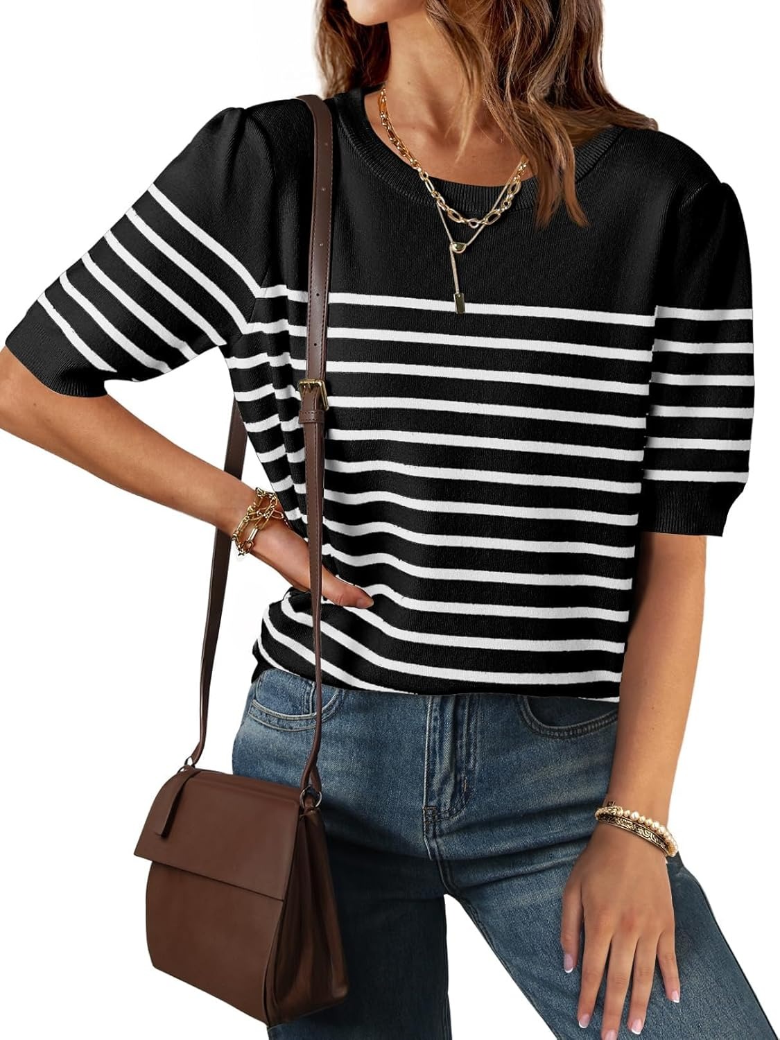 Women's Casual Striped Puff Sleeve Knit T-Shirts Top