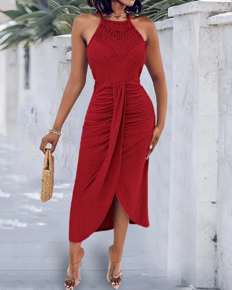 Halter Hollow-out A Line Sleeveless Front Slit Ruched Vacation Maxi Dress