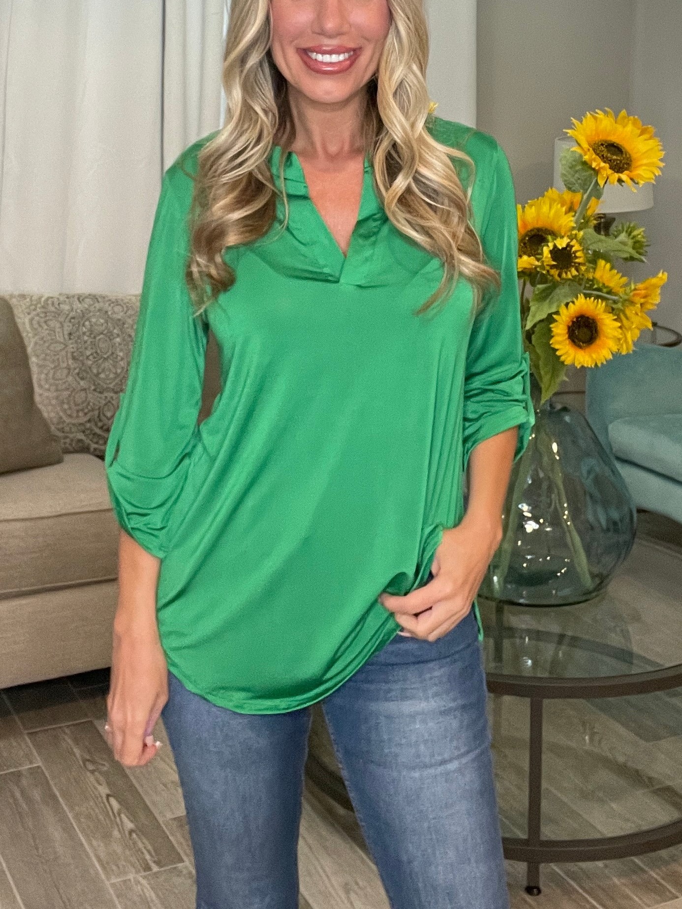 V Neck Satin 3/4 Sleeve Button Blouse 