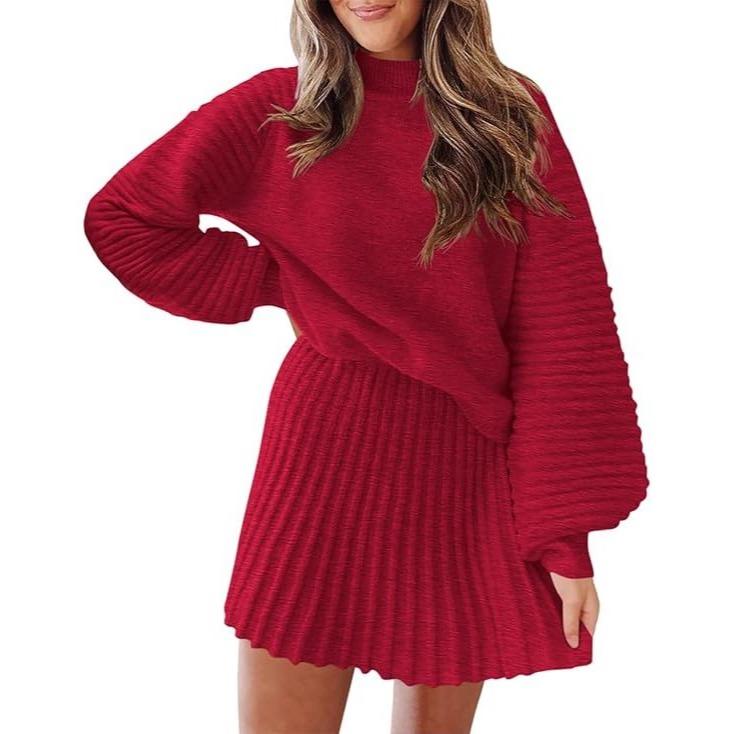 Women's 2 Piece Outfits Long Sleeve Mock Neck Ribbed Sweaters And Mini Skirt Two Piece Sets