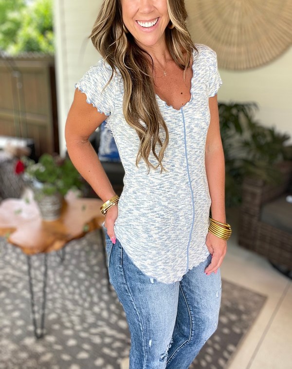 V Neck Cap Sleeve Merrow Edge Top