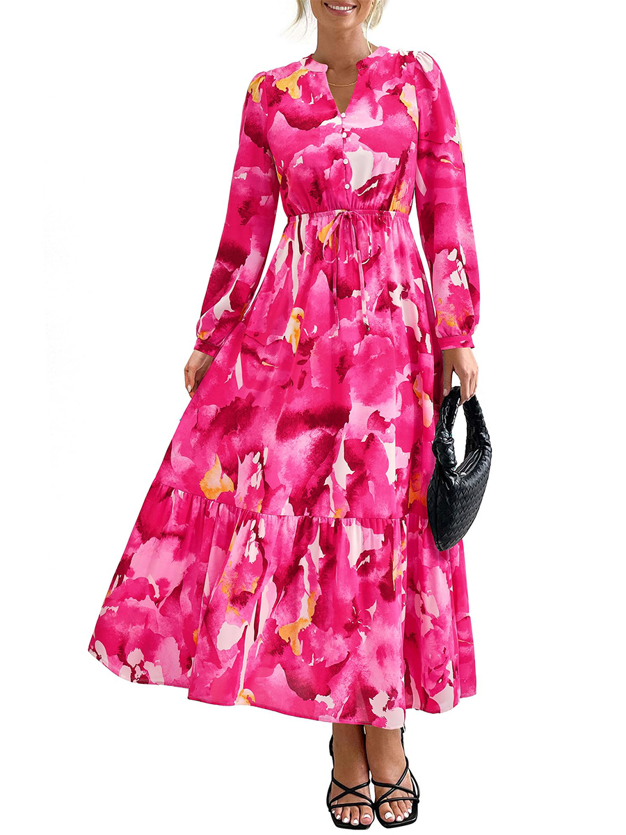 Women's Boho Floral Long Sleeve V Neck Button Pockets Flowy Dress