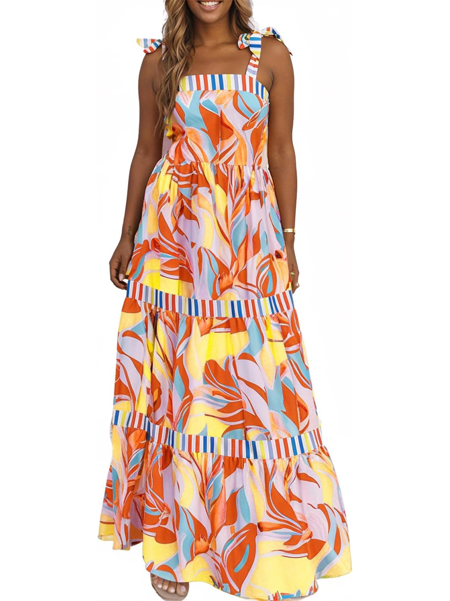 Women's Summer Sleeveless Strap Tie Floral Print Maxi Dress