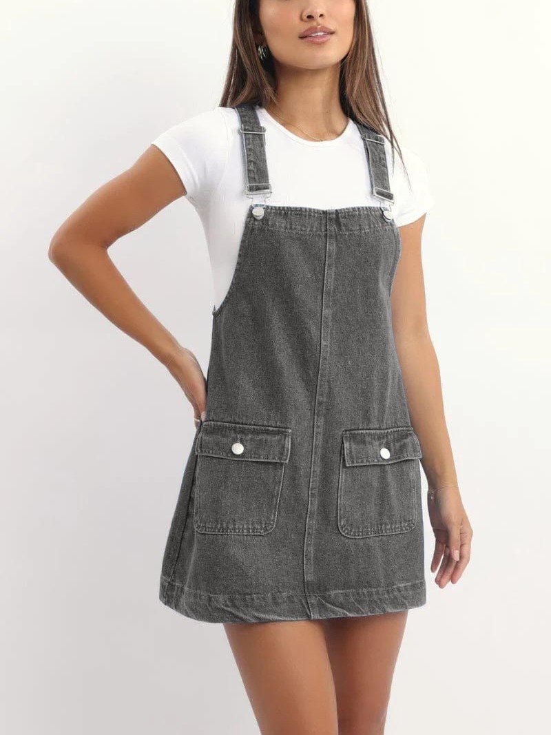 Women's Adjustable Straps Denim Overall Mini Dress with Pockets