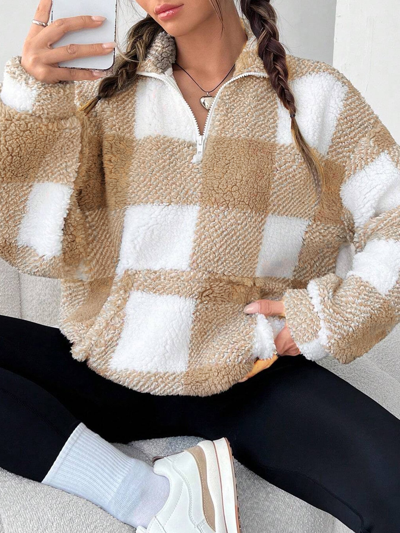 Women's Plaid Print Half Zip Drop Shoulder Fleece Sweatshirt