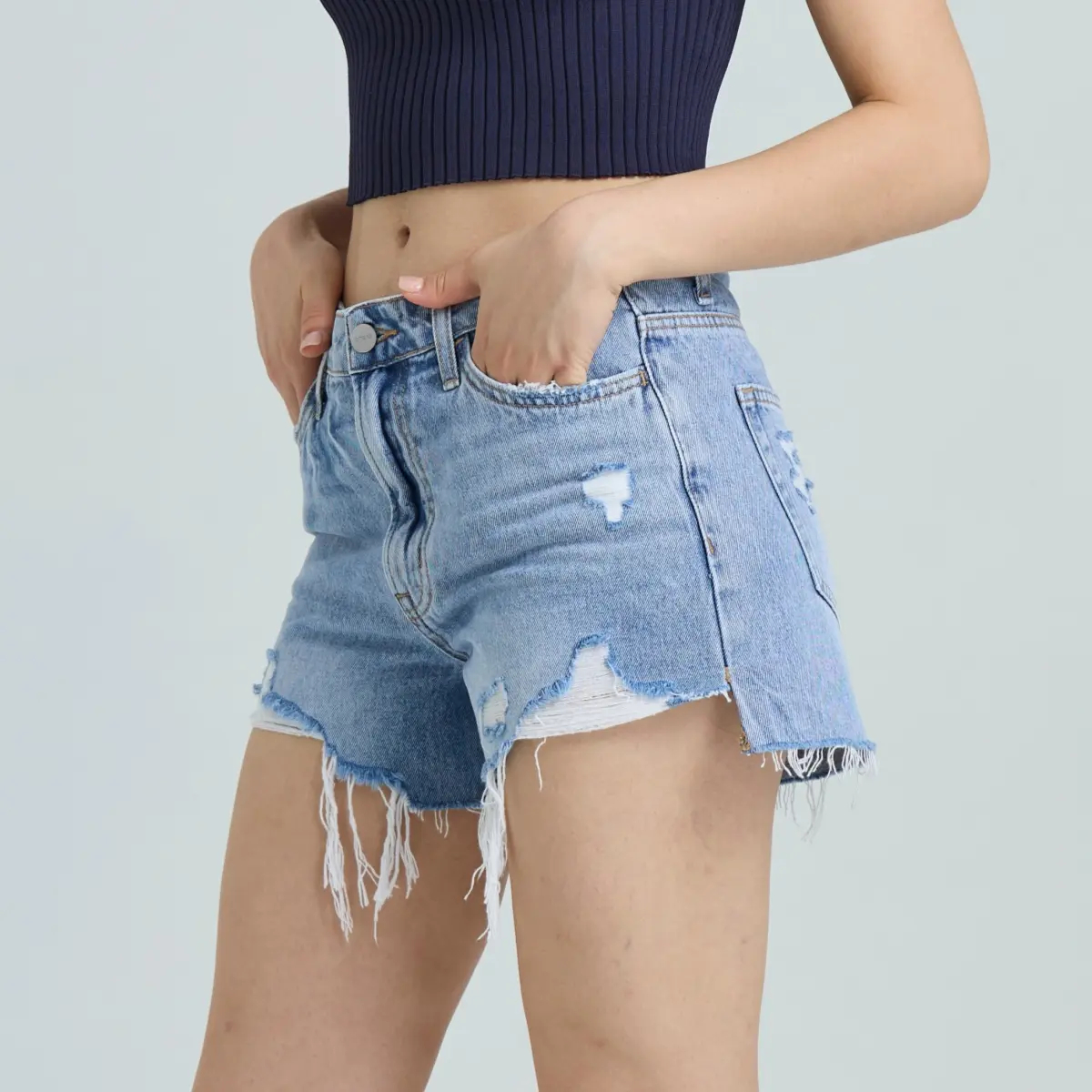 Non-Stretch High Rise Frayed Raw Hem Ripped Jean Shorts