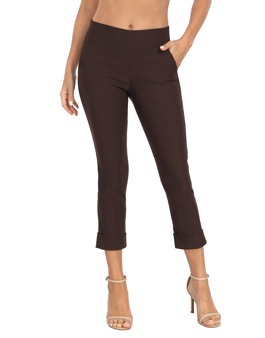Women's Pull On Capri Pants with Pockets Elastic Waist Cropped Work Pants