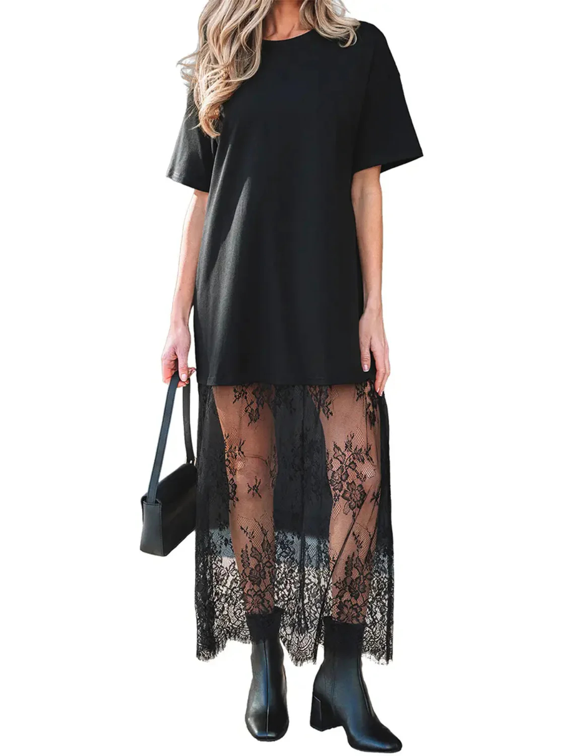 HOT SALE Women's Oversized T-Shirt Maxi Dress with Sheer Lace Hem Drop