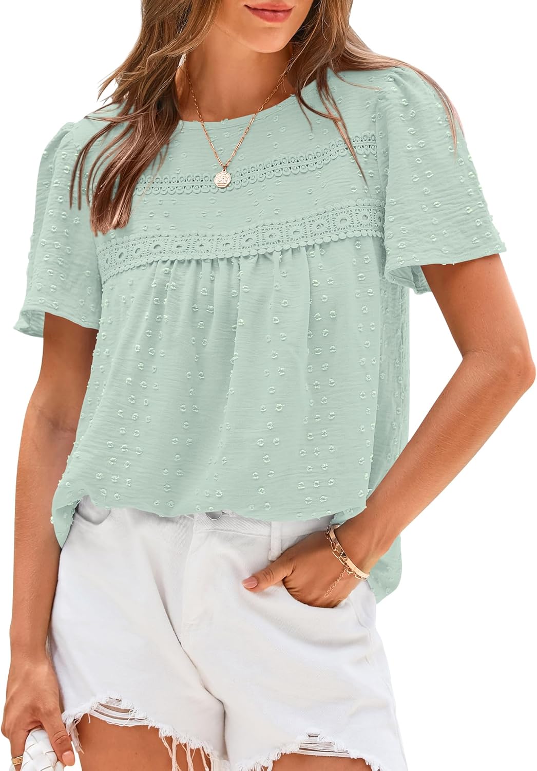 Swiss Dot Lace Crochet Crewneck Boho Short Sleeves(Buy 2 Free Shipping)