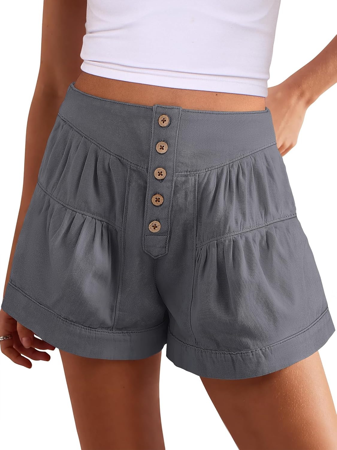 Women's Summer Baggy Flowy Wide Leg Buttons Pleated Denim Shorts