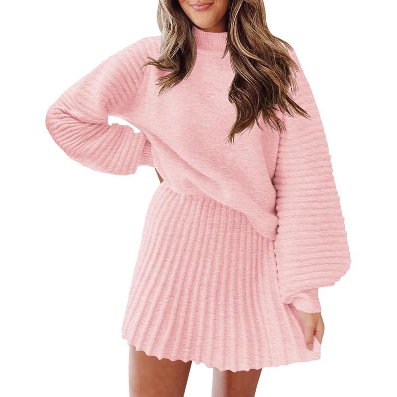 Women's 2 Piece Outfits Long Sleeve Mock Neck Ribbed Sweaters And Mini Skirt Two Piece Sets