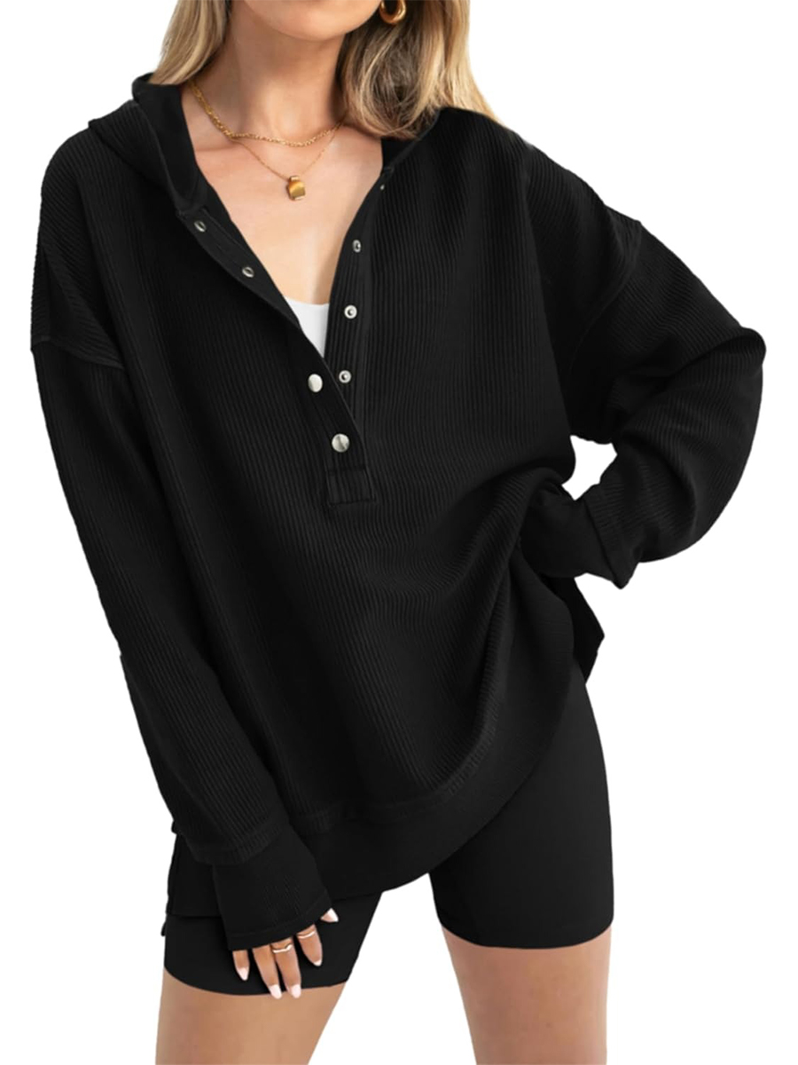 Women's Oversized Button Down V Neck Sweatshirt Side Slit Hoodie