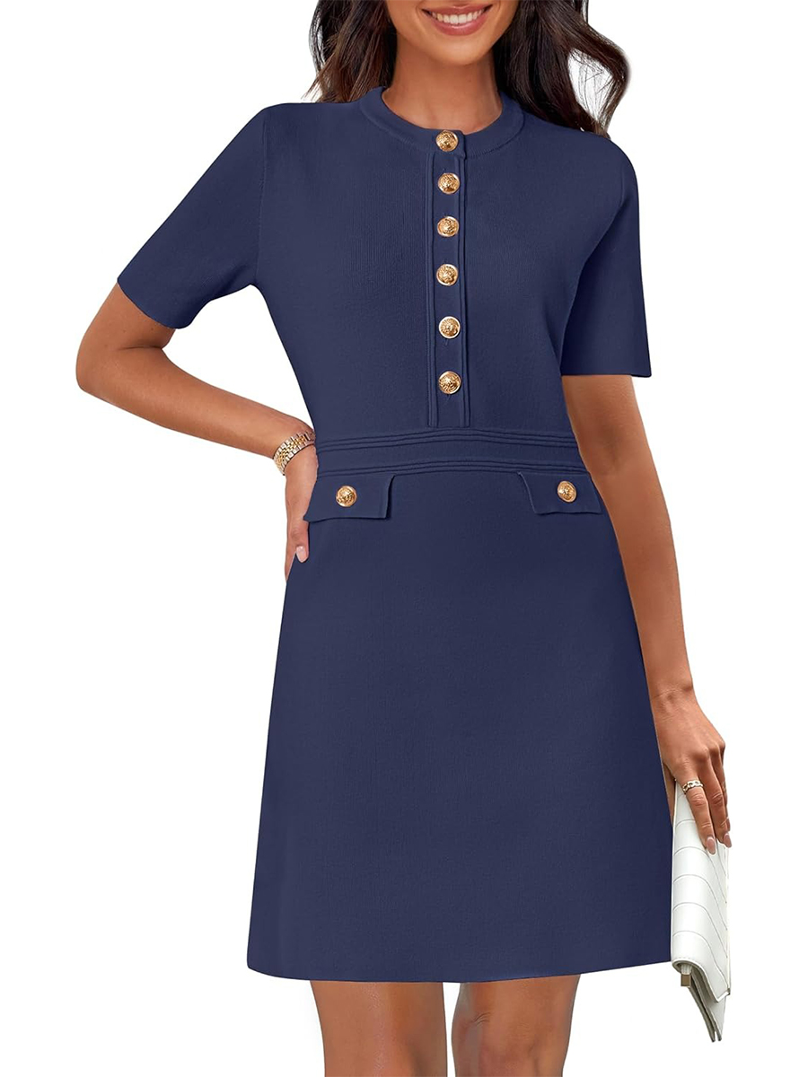 Women's Elegant Knit Button Short Sleeve Bodycon Mini Dress