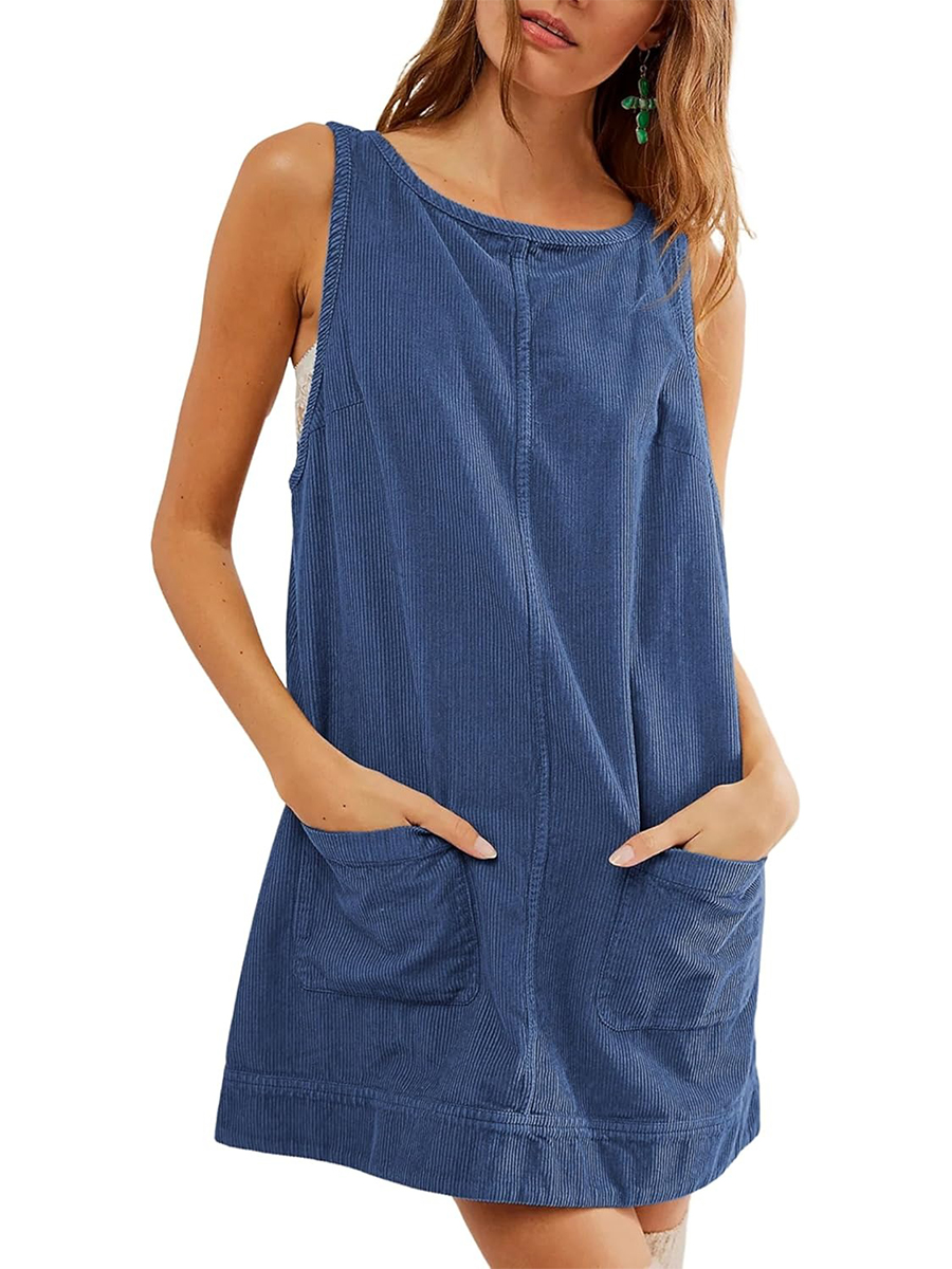 Women's Corduroy Round Neck A Line Overall Dress with Pockets