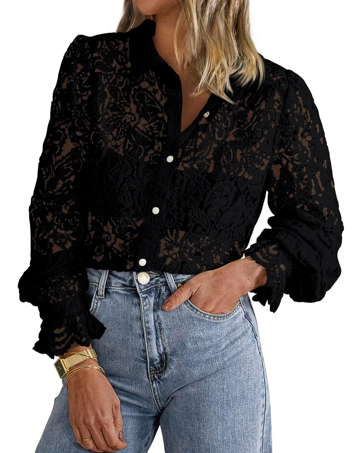 Women's Casual Dressy Lace Button Down Long Sleeve Shirts