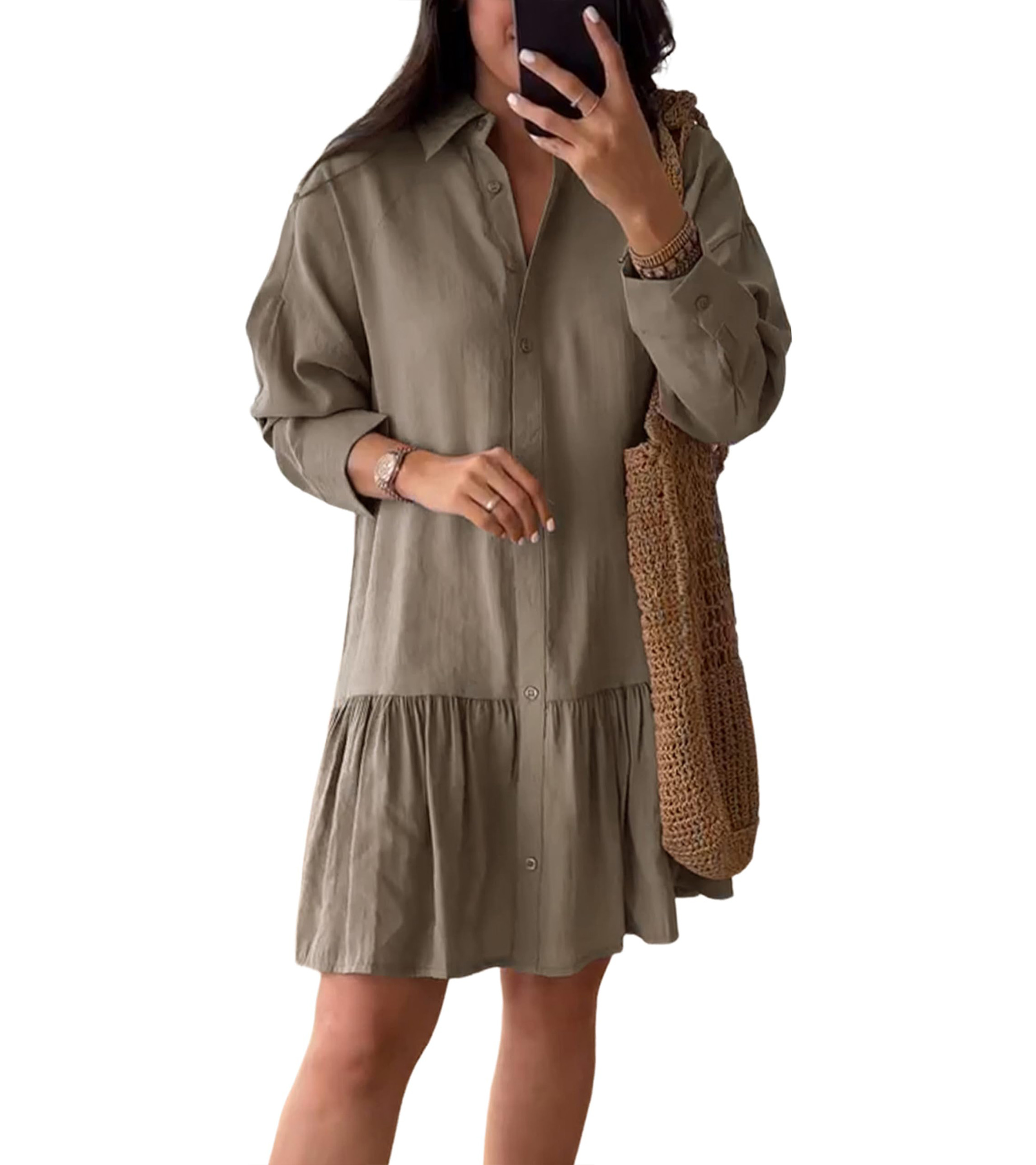 Women's Loose Lapel Collar Long Sleeves Button Down Shirt Dress