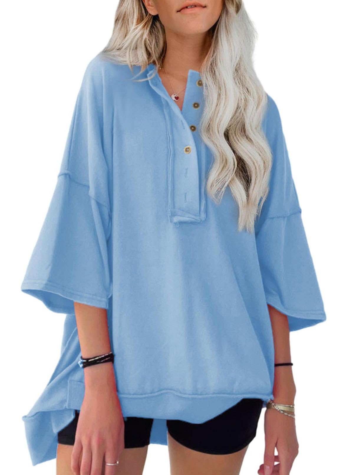 NEW🔥 Women's  Oversized T Shirts Casual Short Sleeve Henley Neck Tees(BUY 2 FREE SHIPPING)