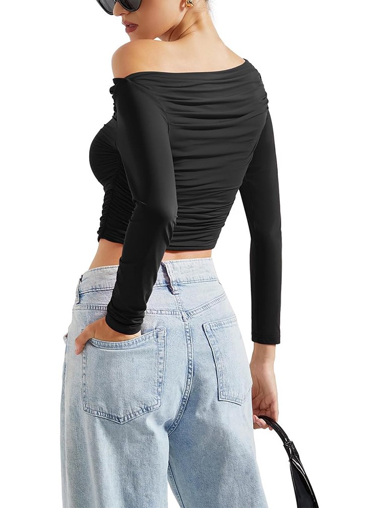 HOT SALE Women's Off Shoulder Ruched Long Sleeve Fitted Crop Tops