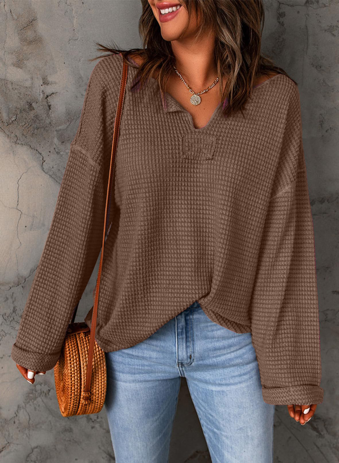 Casual Notched Neck Drop Shoulder Waffle Knit Top