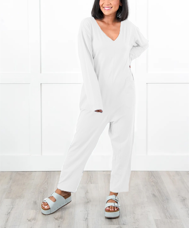 Solid Long Sleeve V Neck Jumpsuit With Patch Pockets (Multiple Colors)