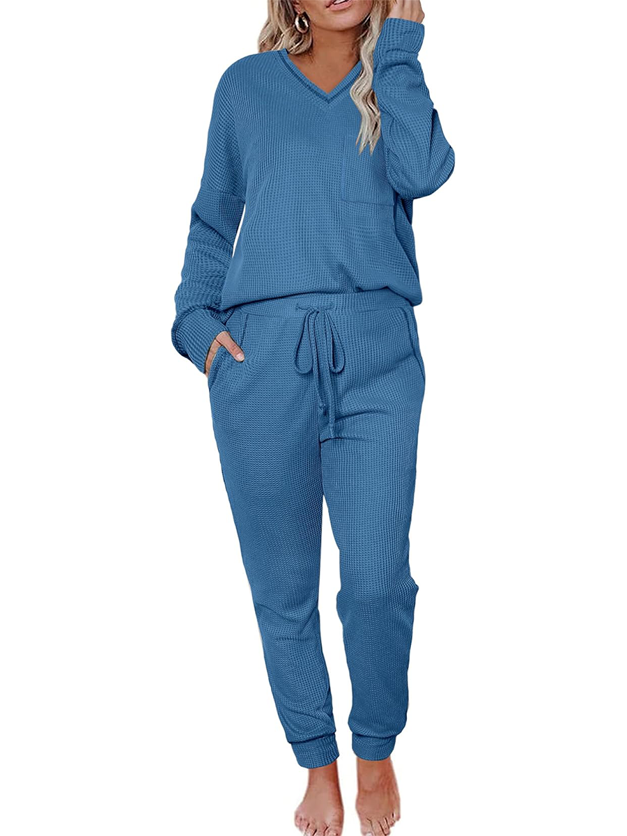 Women's V Neck Waffle Knit Sleepwear Top and Pant Lounge Sets