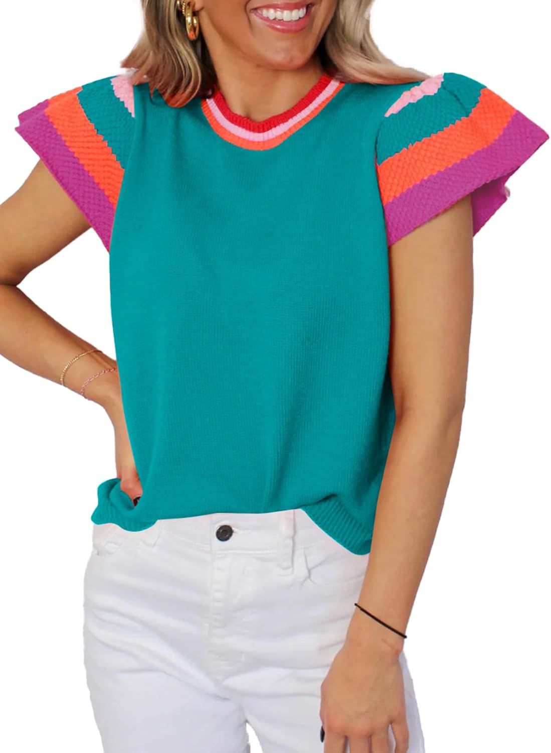 Women’s Casual Knit Pullover with Colorful Cap Sleeves(buy 2 free shipping!!!)