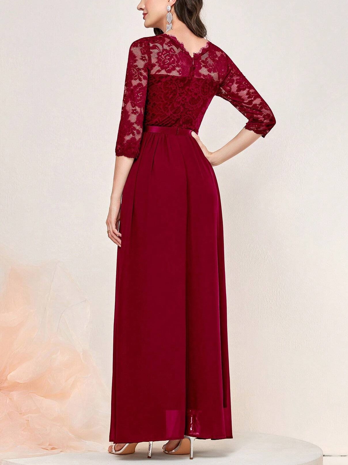 Floral Lace 3/4 Sleeve Bodice Ribbon Pleated Party Maxi Dress