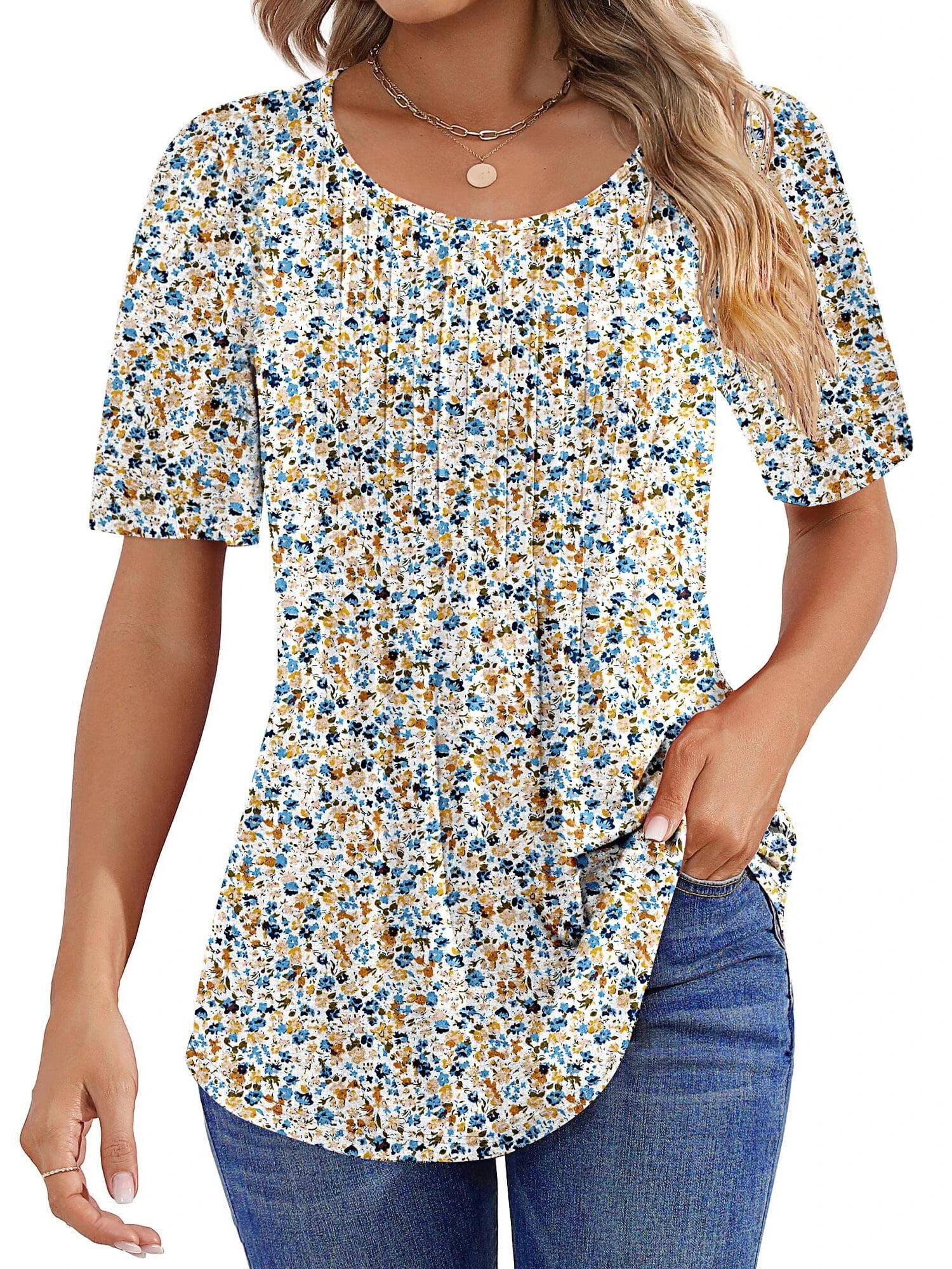 Women Summer Pleated Short Sleeve Tunic Blouses Shirts