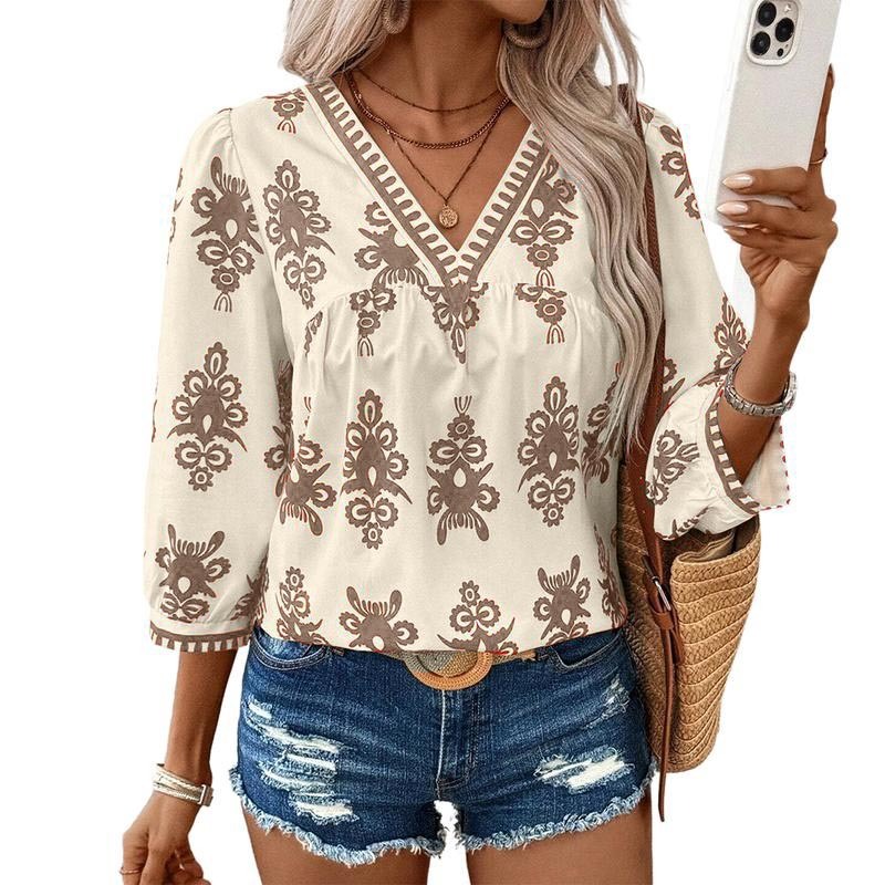 HOT SALE Women's Vintage Geometric Printed 3/4 Sleeve V Neck Blouse