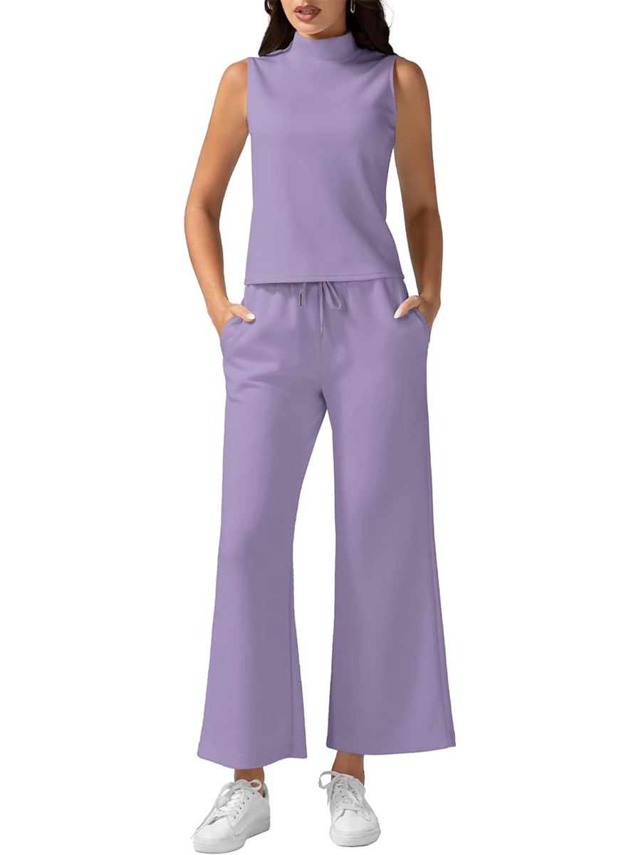 Women's Mock Neck Sleeveless Tank Top & Wide Leg Pants 2 Piece Lounge Sets