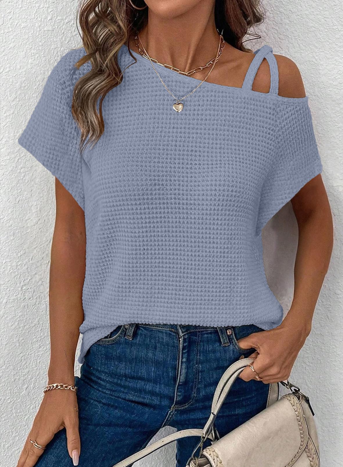 Women's Summer Off-Shoulder Waffle Knit Short Sleeve Top (Buy 2 Free Shipping!!!)
