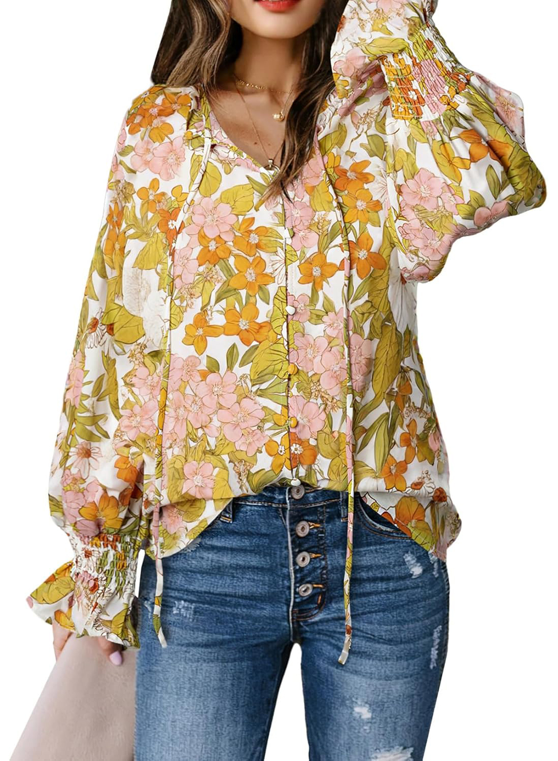 Women's Boho Floral Print V Neck Long Sleeve Drawstring Button Blouses