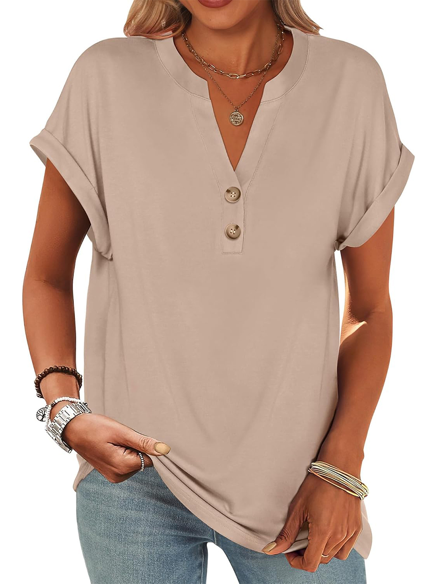 Women's V Neck Button Casual Loose Fit Short Sleeve Shirts Henley Tops
