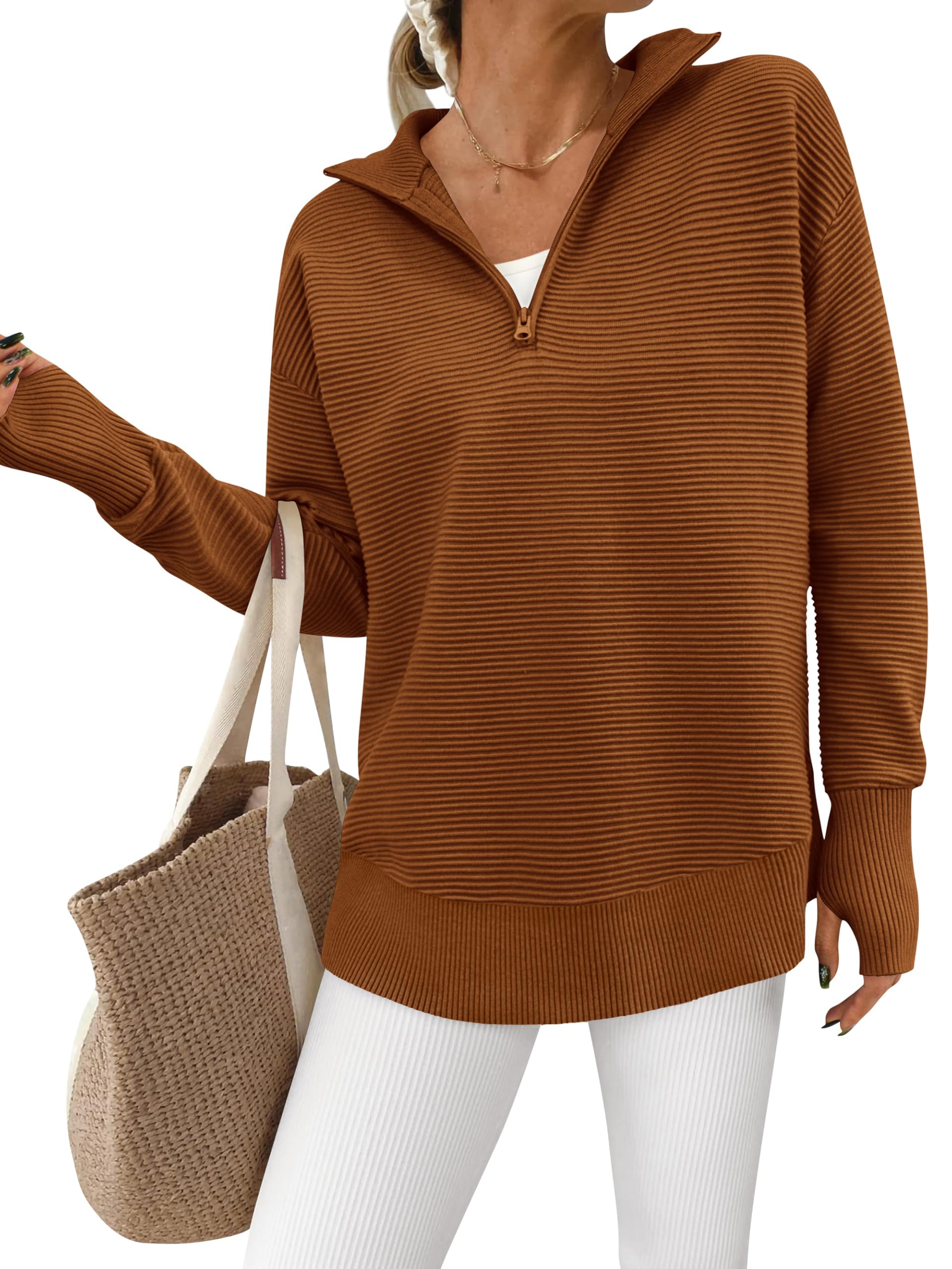Women's Long Sleeve Quarter Zip Pullover Ribbed Knit Sweater