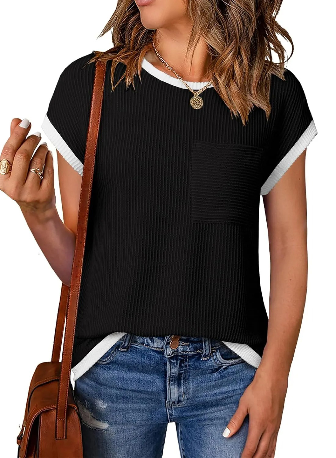 HOT SALE Women's Short Sleeve T Shirts Crewneck Color Block Ribbed Knit Tee