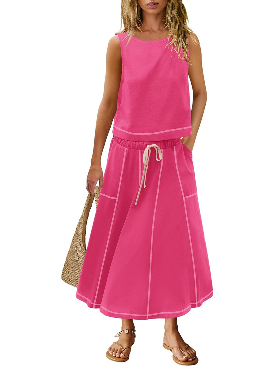 Women's Casual Seam Tank Top and Drawsting Pockets Skirt 2 Piece Set