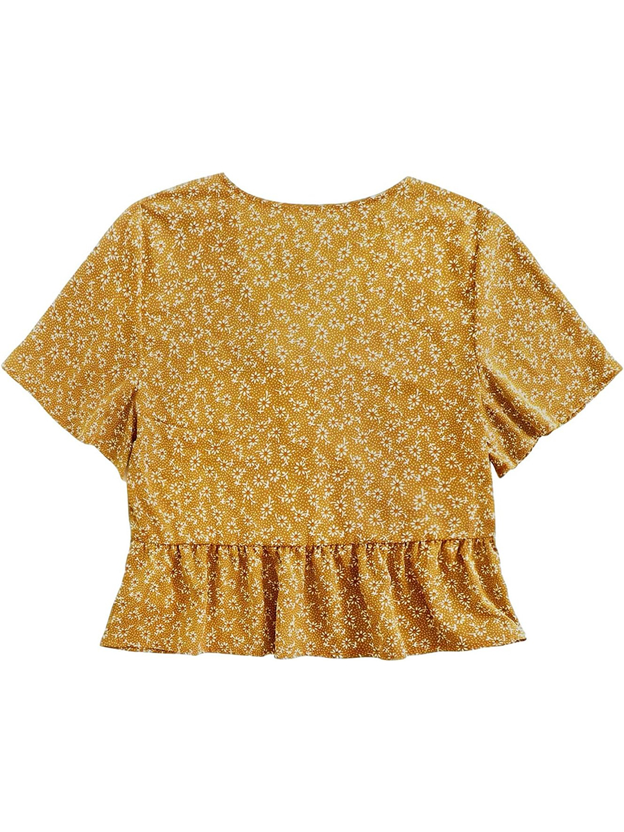 Women's Floral Print V Neck Tie Knot Ruffle Hem Short Sleeve Top