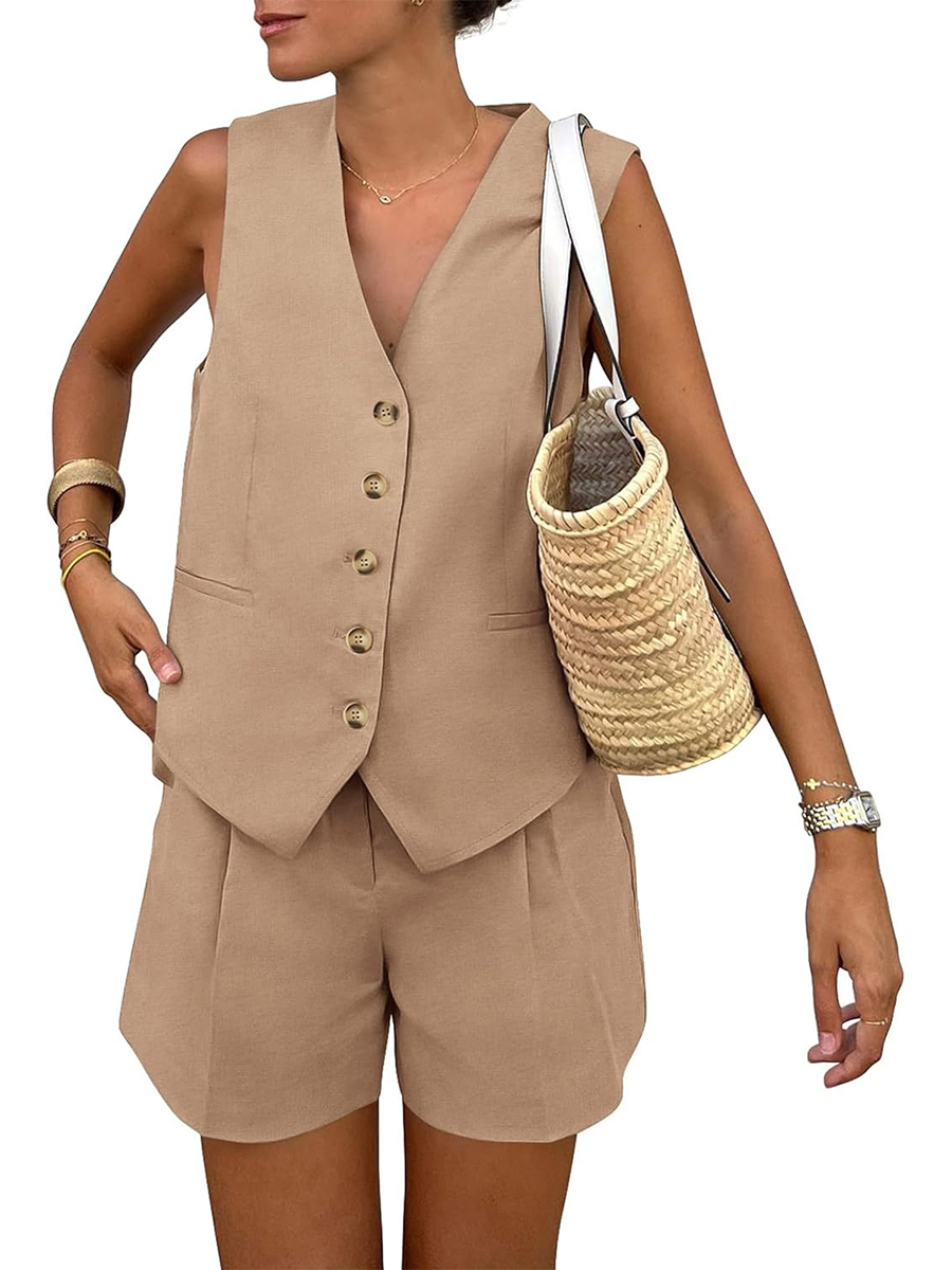 Women's Sleeveless Matching Sets Button Down V Neck Vest Waistcoat and Pockets Shorts
